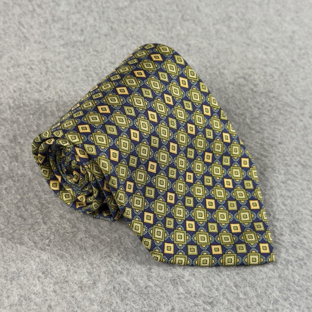 Bolgheri 100% Silk Tie Made Italy Mens Navy Green Gold Geometric Necktie 56x3.6"